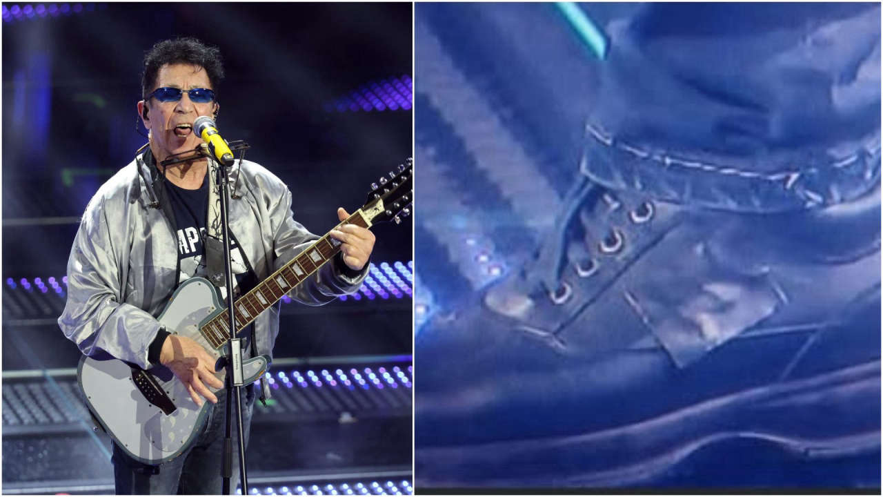 Edoardo Bennato a Sanremo 2025 nasconde il logo delle scarpe per evitare la pubblicità occulta come con John Travolta